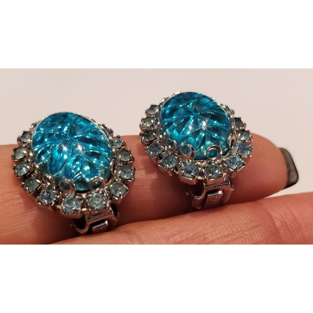 Vintage Earrings Big Molded Glass Cabochon & Rhinestone Judy Lee 1950s Sparkle - Picture 8 of 8